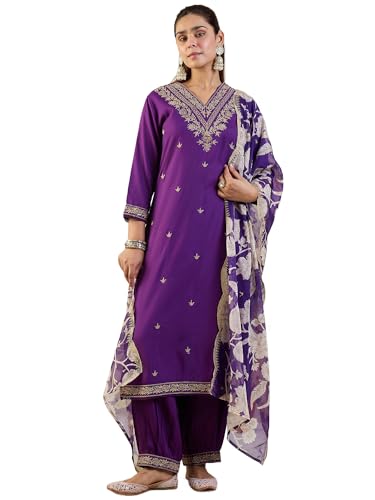 Image of INDO ERA Women's Rayon Viscose Rayon Embroidered Straight Kurta & Salwar with Dupatta Set