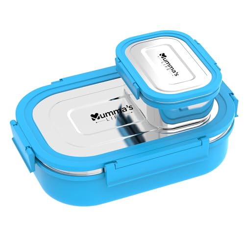 Image of Mumma's LIFE Stainless Steel Tiffin Box with 4 Side Lock Lid, 910 ml and Inner Stainless Steel Container, 135 ml, Food Grade | Air Tight | Easy to Carry | Leak Proof (Kiddy Lunch Box Blue)