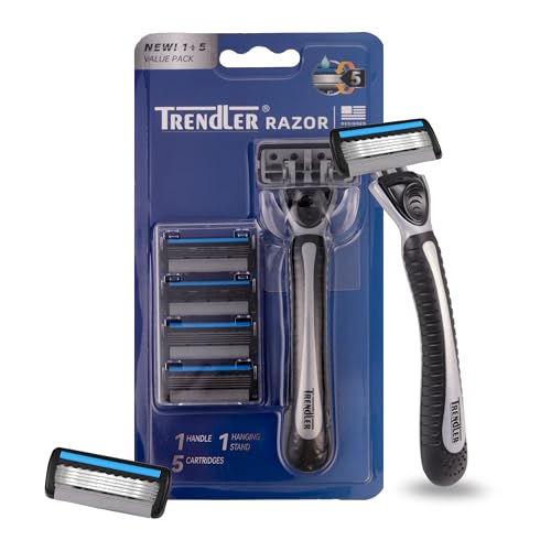 Trendler 5 Blade Razor for Men | 1 Razor Handle + 5 Cartridges | Water Activated Moisture Strip | Flexible Head | Hanging Stand Included | Close & Smooth Shave (1+5 Value Pack)