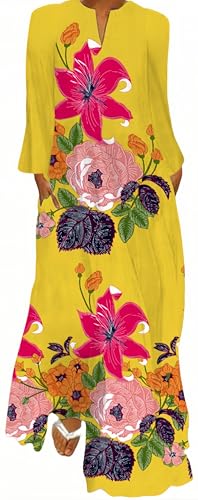 Ocean Plus Damen Frühlings- und Sommerkleid mit Langem Rock V-Ausschnitt Langen Ärmeln mit Taschen und Lockerem Blumendruck