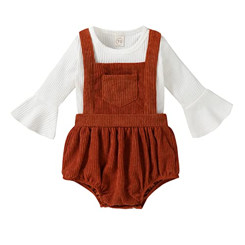 Image of Tiny Cutey Newborn Baby Girl Clothes Bell Sleeve Romper and Corduroy Overalls Shorts Infant Girl Fall Outfits