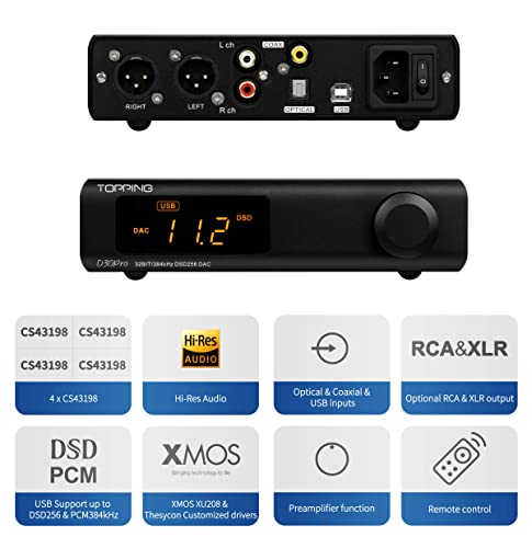 Image of Topping D30 Pro Full Balanced DAC HiFi Decoder CS43198x4 Decoding Chips USB /Optical /Coaxial Decoder 32Bit / 384kHz XMOS XU208 Audio DAC with Remote Control (Black)