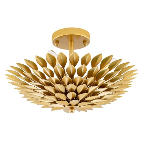 TOCHIC Flush Mount Ceiling Light Fixture, 4 Lights Farmhouse Chandelier for Dining Living Room, Modern Gold Leaf Light Fixture Semi Flush Ceiling Mount for Foyer, Hallway, Bedroom, W 15.75"