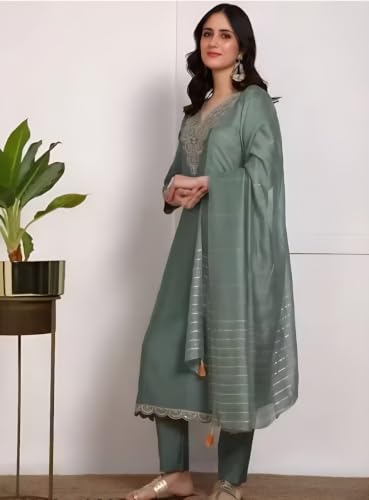 Image of Women's Viscose Rayon Embroidered Kurta Pant Set with Dupatta
