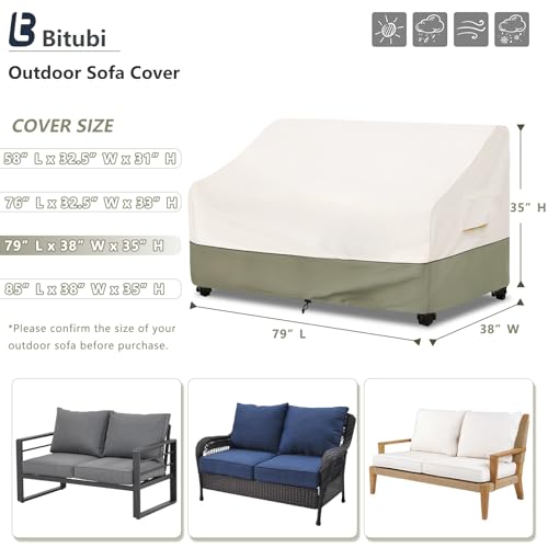 Image of Bitubi Waterproof Patio Sofa Cover, Heavy Duty 3-Seater Outdoor Couch Cover Size Up to 79W x 38D x 35H Inches, Lawn Patio Furniture Covers with Air Vent (Beige)