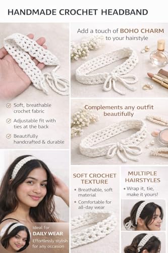 Image of SHRIVYAA Handmade Crochet Tie Hair Band for Women & Girls, Soft Cotton Hairband, Adjustable Tie Style, 15 CM Length, 2 CM Width (White)