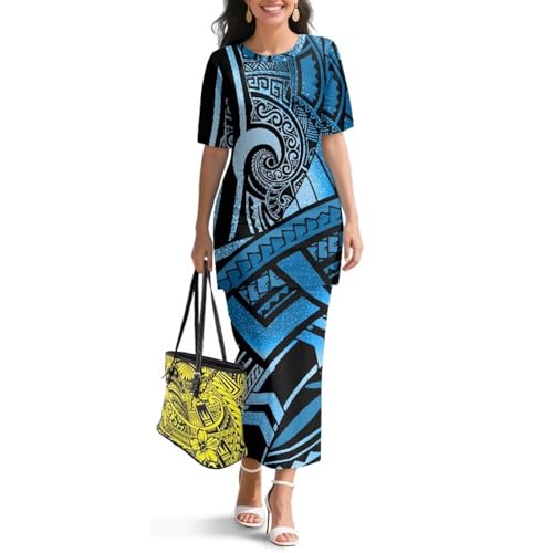 Image of Polynesian Dress for Women Short Sleeve High Waist Maxi Skirt | Puletasi dress, t-shirt and skirt two-piece, elastic material, lightweight, soft, plus size, luau party, wedding, clubwear