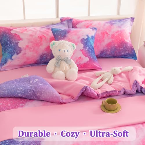 Image of Galaxy Girls Twin Bedding Set, 6 Pcs Twin Szie Comforter Set with Sheets, Glitter Pink Purple Bedding Set for Girls Kids