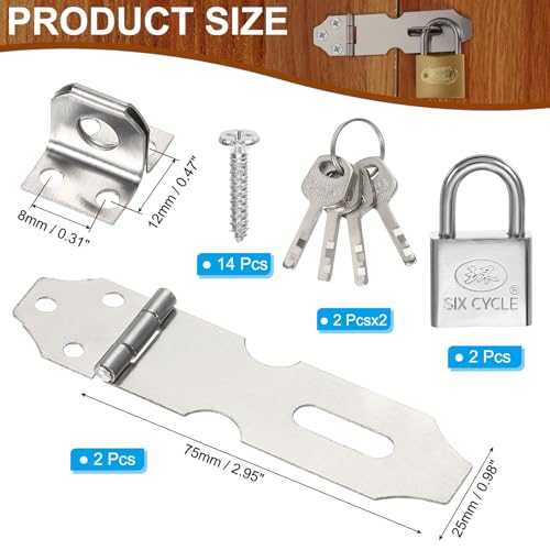 Image of PATIKIL Door Lock Hasp Latch 3 Inch,2 Set Stainless Steel Safety Hasp Lock Clasp Hinge Packlock(30mm) with Screws /Key for Door Gate Cabinet Closets, Silver