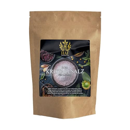 HAF 1 x 500 g de sal de cristal rosa 0,3 – 0,5 mm – 100% natural sin refinar sal de roca de Pakistán, rica en minerales, ideal para cocinar, condimentar y molinillos de sal, extraídos a mano y recién