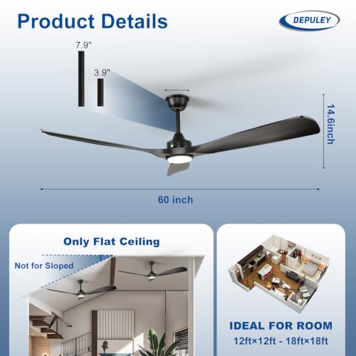 Image of Depuley 60-Inch Ceiling Fan with Light: Black 3 Blade Outdoor Fans for Patios - Dimmable Indoor Fan with Remote Control Living Room Fandelier Ceiling Fans Ultra Quiet DC Motor Reversible 6 Speed