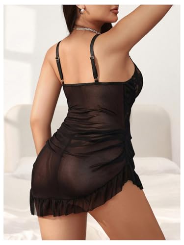 SOLY HUX Women's Plus Size Lingerie Set Lace Mesh Sheer Ruffle Mini Dress Babydoll Chemise with Panties2