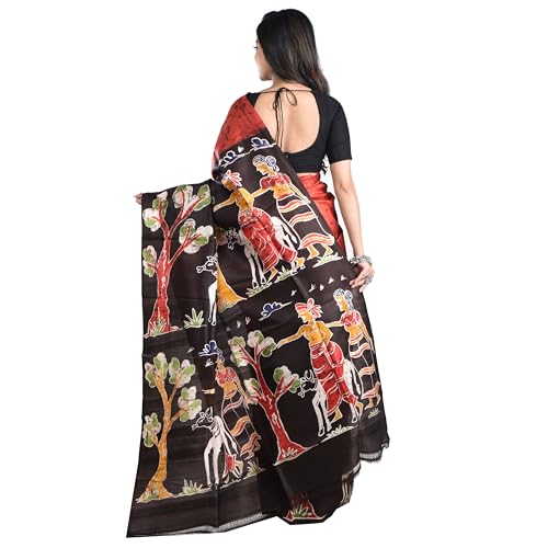Image of 3stones Women's Pure Silk Saree | Handwoven, Hand Batik Pure Saree with Unstiched Blouse Material Piece | Suitable for All Indian Weddings & Festivals| Traditional Pattern | Red and Black