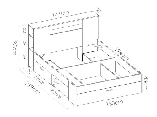 Miniatura 3 de DEKIT GRUPO RIMOBEL LANKA - Cama de matrimonio con almacenaje en cabecero y bajo cama - Natural - 95x149x218 cm