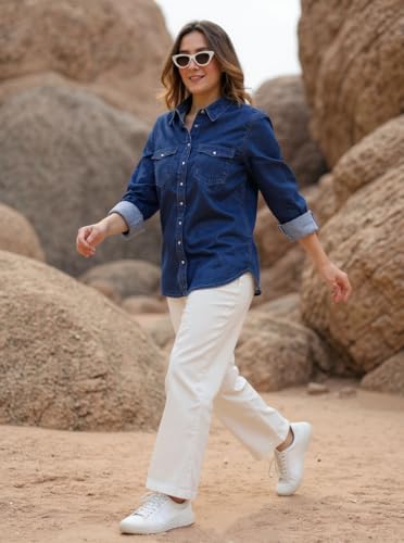 Image of Blue Denim Shirt for Women and Girls Regular Fit LoSF Sleeve Collared Neck Button Down Stylish Casual Wear Ladies Shirt 29