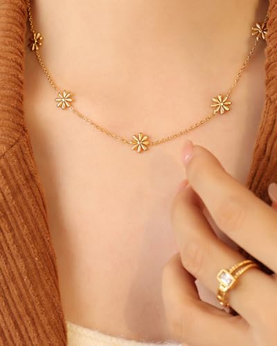 18K Gold Plated Daisy or Gold Ball Station Necklace for Women - Delicate Titanium Steel Non-tarnish Choker with Adjustable Chain, Perfect Layering Jewelry4