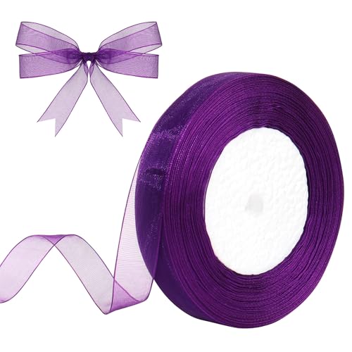 Partyeah 5/8 Inch x 50 Yards Sheer Organza Ribbon Chiffon Ribbon for Gift Wedding Flower Bouquet Wrapping Decorations Crafts (Purple)