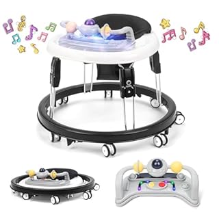 Baby Walker, Foldable Multi-Function Anti-Rollover Walker with Music Tray & Light, 7 Level Height Adjustable, Baby Walkers for 1 Year Olds Suitable for All Terrains (Black-Music Tray)