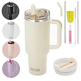 40 oz isolierter Becher mit Strohhalm und Deckel – doppelwandiger, vakuumisolierter Edelstahlbecher mit Deckel, Reisebecher, Becher, Thermobecher, Kaffeebecher für heiße und kalte Getränke (Beige)