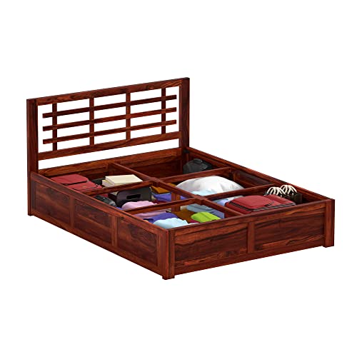 Image of Solid Sheesham Wood Meliora Queen Size Bed with Box Storage Wooden Double Bed Palang Cot for Bedroom, Living Room, Hotel and Home (Honey Finish)