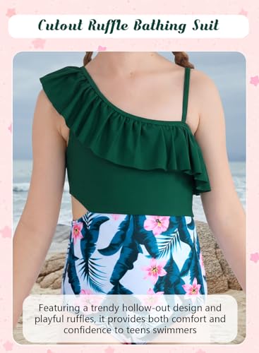 Image of Alakuoti Girls One Piece Swimsuits Cutout Ruffle Bathing Suit Quick Dry Beach Swimwear with Adjustable Strap 5-14 Years