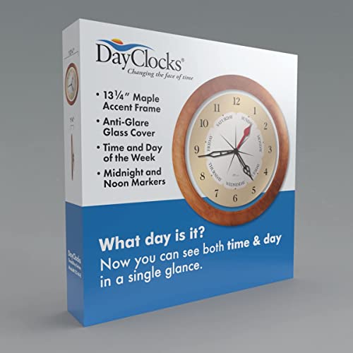 Dayclocks CM CONTEMPORARY MAPLE Time & Week-Day Wall Clock With Transparent Frame Ring – Weekly Clock With Days, Hours & Minutes - Ideal Retirement Gift For Men & Women, Maple Accent Frame thumb #1