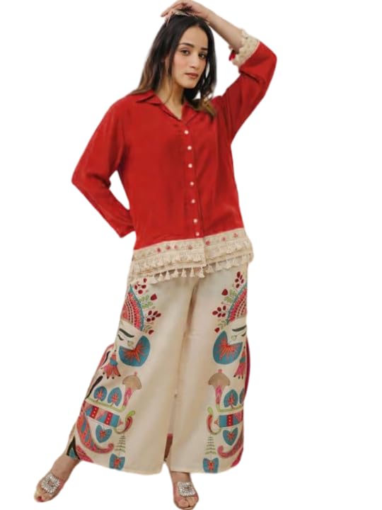 Women Pure Cotton Red Solid Shirt Tassel Detailing with Beige Printed Trouser Co-Ord Set-picture-21