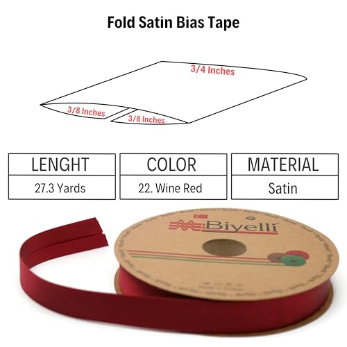 Image of Fold Satin Bias Tape - 99+ Colors - 3 /4 Inches Wide - 27 Yards - Fold Satin Binding Bias Ribbon Fabric Piping Bias Binding Tape for Sewing Clothing DIY (22. Wine Red) BYS22