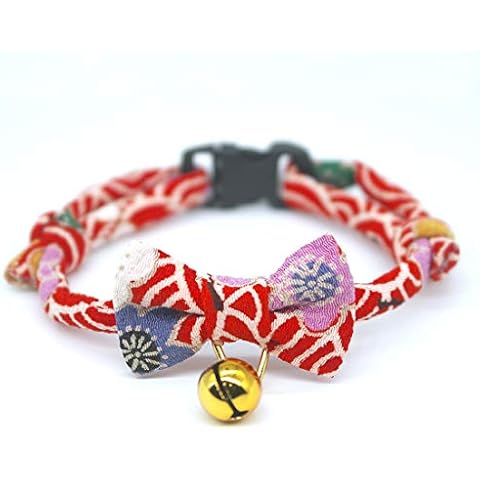 PetSoKoo Bowtie Cat Collar with Bell Breakaway, Japan Chirimen Fabric Golden Bell Cover