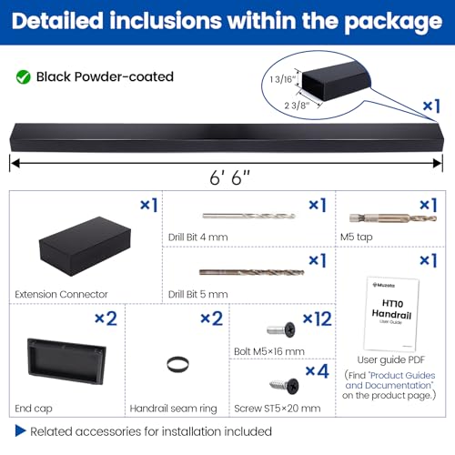 Muzata 6'6" Black Cable Railing Handrail Rectangular Stainless Steel Handrail for Cable Railing System Top Rail Deck Stair Indoor Outdoor Length Adjustable with Paper User Guide HT10 BP4