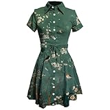 MARSVOVO Japanese Vintage Floral Bird Dresses for Women Button Down Collar Belted Short Sleeve Smocked Shirt Dress Comfy Shirtdress Beach Dresses for Fall,M