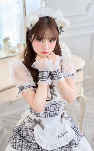 [Malymoon] コスプレ メイド ウエイトレス 家政婦 キャット ねこ ネコ耳 白 灰色 チェック 衣装 仮装 マリームーン 9点セット 10225-2 詳細画像4