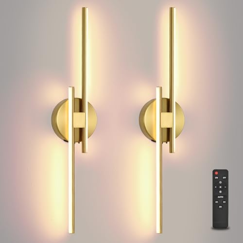 Image of Battery Operated Wall Sconce Set of 2,Gold 23.6 inch 3000K-6500K LED Dimmable Wall Sconces with Remote Control,Wireless Wall Light USB Rechargeable for Bedroom Hallway Living Room Background Wall Lighting