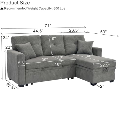 Image of KEIKI 71 inch Sleeper L Shaped Sofa with Pull Out Bed, Sleeper Sofa with Reversible Chaise, 3 Seater Modular Sectional Sofa with Storage for Living Room, Light Gray