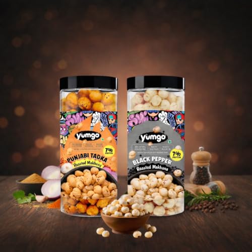 Yumgo Roasted Punjabi Tadka + Black Pepper Makhana, Crunchy Foxnuts, Lotus Seeds, Healthy & Guilt-Free Snack, Cholesterol Free Gluten Free, Rich In Protein & Fiber, combo pack of 2 (70gm X2)