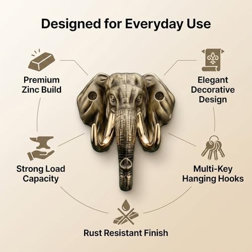 Image of Premium Elephant Key Holder for Wall, Vintage Metal Key Rack, Antique-| 3 Years Warranty |