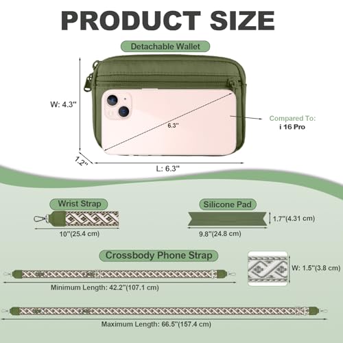 Image of YFWE Clip and Go Strap for Phone with Wallet Crossbody, Adjustable Phone Lanyard with Detachable RFID Wristlet Wallet, Pattern Strap - Olive Green(M)