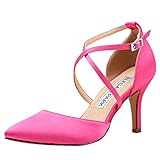 ELEGANTPARK HC1901 Hot Pink Heels Pointed Toe Heels for Women Cross Strap High Heel Pumps Satin Bridal Wedding Evening Party Prom Dress Shoes US 8.5
