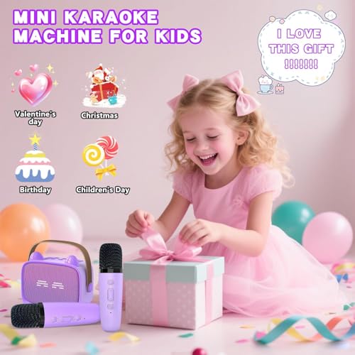 Image of ShinePick Mini Karaoke Machine for Kids with 2 Wireless Mics, Portable Bluetooth Speaker with 5 Magic Voice Effects & RGB Emoji LED Lights, Rechargeable Party Box Birthday Gift for Boys Girls (T99)