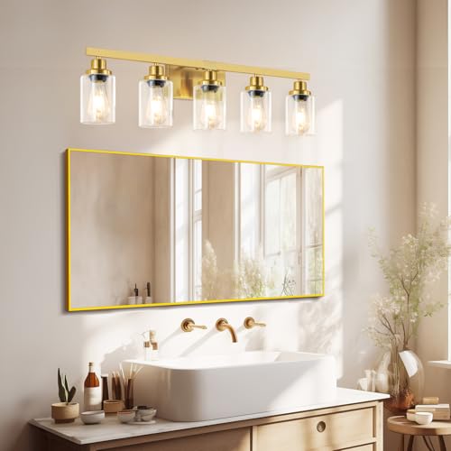 Image of 5 Light Gold Bathroom Vanity Light, Bathroom Light Fixtures, 31 inch Modern Brushed Gold Vanity Lighting Fixtures for Bathroom Over Mirror, Gold Sconces Wall Lighting for Bedroom