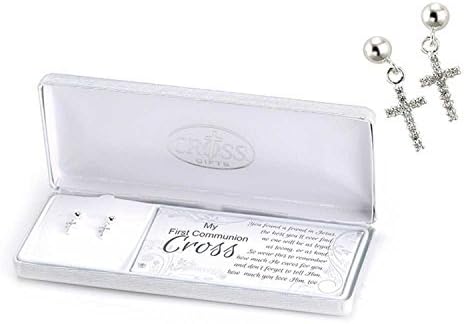 Silver Plated My First Communion Earrings with CZ Cross Drops on Sterling Siver Posts