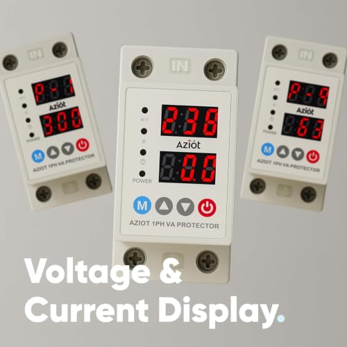 Image of AZIOT Automatic Over & Under Voltage Protector 40A | Adjustable Voltage & Reconnect Delay Settings | LED Display | Single Phase 230V | Auto Recovery Protection | DIN Rail Mounted for Home & Office
