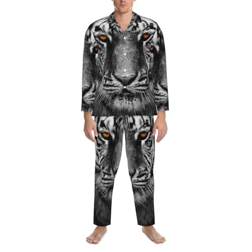 Siberian Tiger Closeup Mens Pajamas Set Button Down Sleepwear Set Long Sleeve Loungewear With Pockets