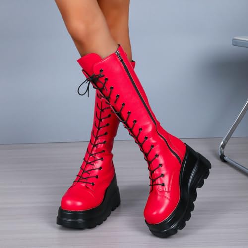 Parisuit Womens Platform Wedge Knee High Boots Goth Motorcycle Boots Lace Up Heeled Punk Combat Boots2