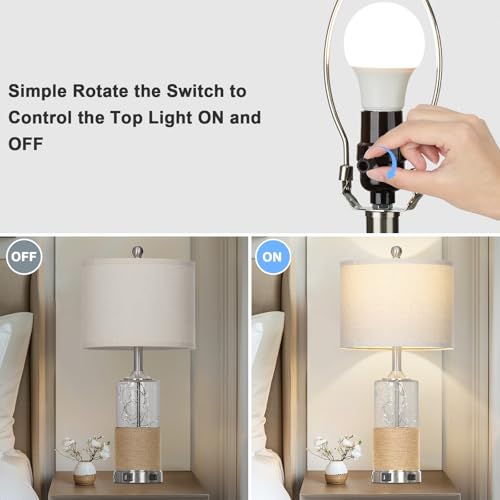 Cinyirong 25" Boho Table Lamps Set of 2, Coastal Glass Bedside Lamps with USB A+C Ports and AC Outlet, Rattan Lamp with Night Light for Nightstand Living Room Bedroom, 2 LED Bulbs Included, Silver - Image 4