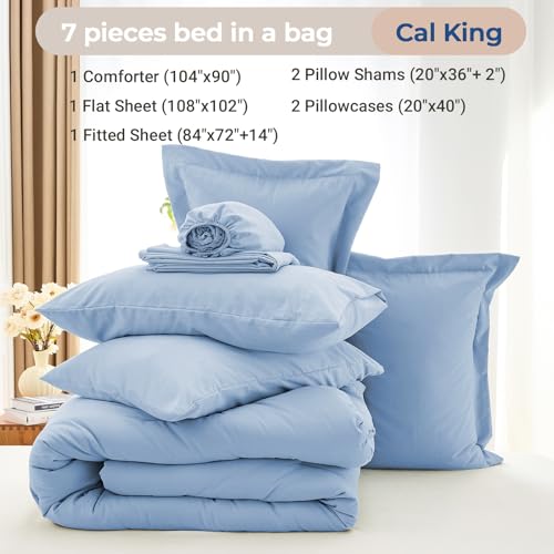 MUXHOMO 7 Pieces California King Comforter Set, Soft Bed in a Bag Cal King Size, All Season Bedding Set with Comforter, Flat Sheet, Fitted Sheet, Pillowcases & Shams, Greyish Blue