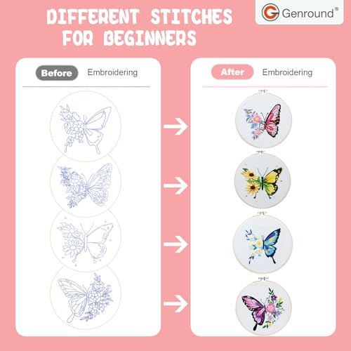 Image of Embroidery Kit for Beginners,Cross Stitch Kits Set,Floral Butterfly Pattern Needlepoint Kits,4 Sets Hand Embroidery Kit for Craft Lover Hand Stitch,Embroidery Starter Kits for Adults Beginners