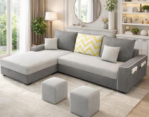 Image of Casaliving Afie LHS 4 Seater L-Shape Sofa Set with 2 Puffy for Living Room (Grey & Dark Grey Colour) Premium Fabric Sofa Set for Living Room