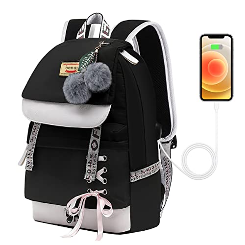 RUMIXI Schulrucksack Mädchen Teenager Rucksack Damen Wasserdicht Laptop Rucksack 15,6" Daypack mit USB mit Ergonomischem Design School Bag for Girls Modisch Freizeitrucksack für Jungen Mädchen Schwarz Cover