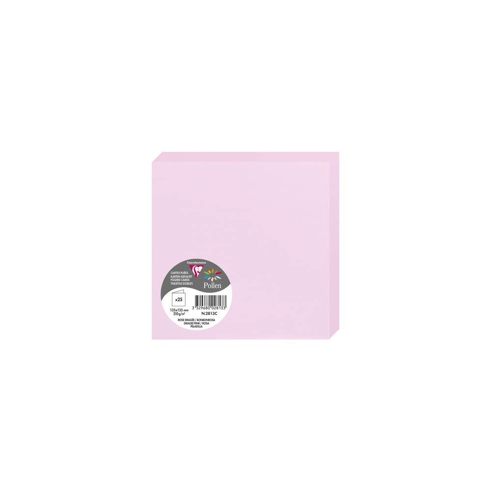 Clairefontaine 2813C Pack of 25 Double Cards Square Format 13.5x13.5cm 210g/m² Dragée Pink Invitation Correspondence Cards Pollen Range Premium Smooth Paper